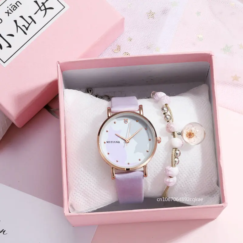 Reloj de pulsera de cuarzo para mujer y niño, accesorio con bonito diseño de gato de dibujos animados, minimalista, Harajuku, cinturón