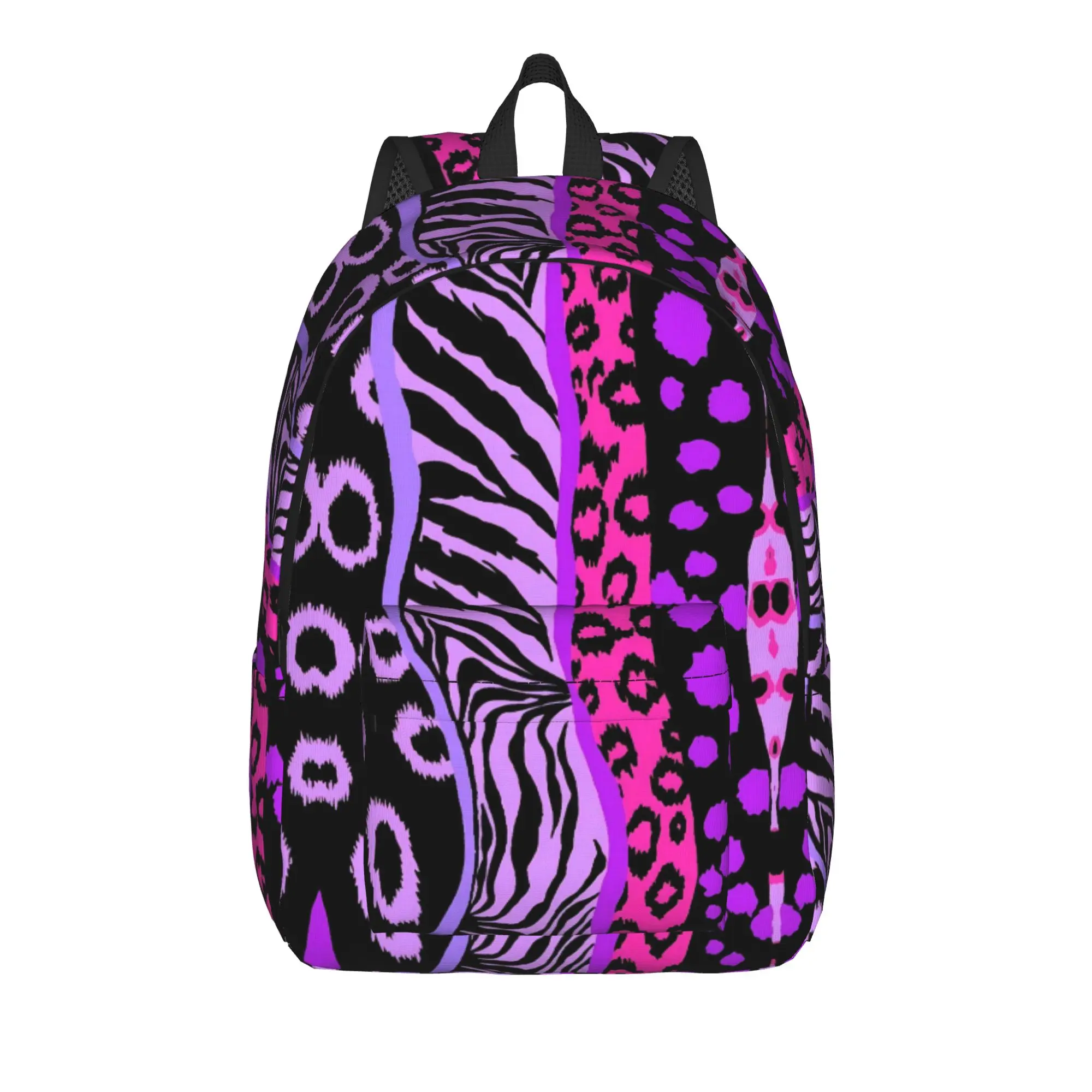 Mixed Animal Print Backpack Pink Purple Zebra Leopard Patchwork Pattern Lightweight Large Capacity School Bookbag
