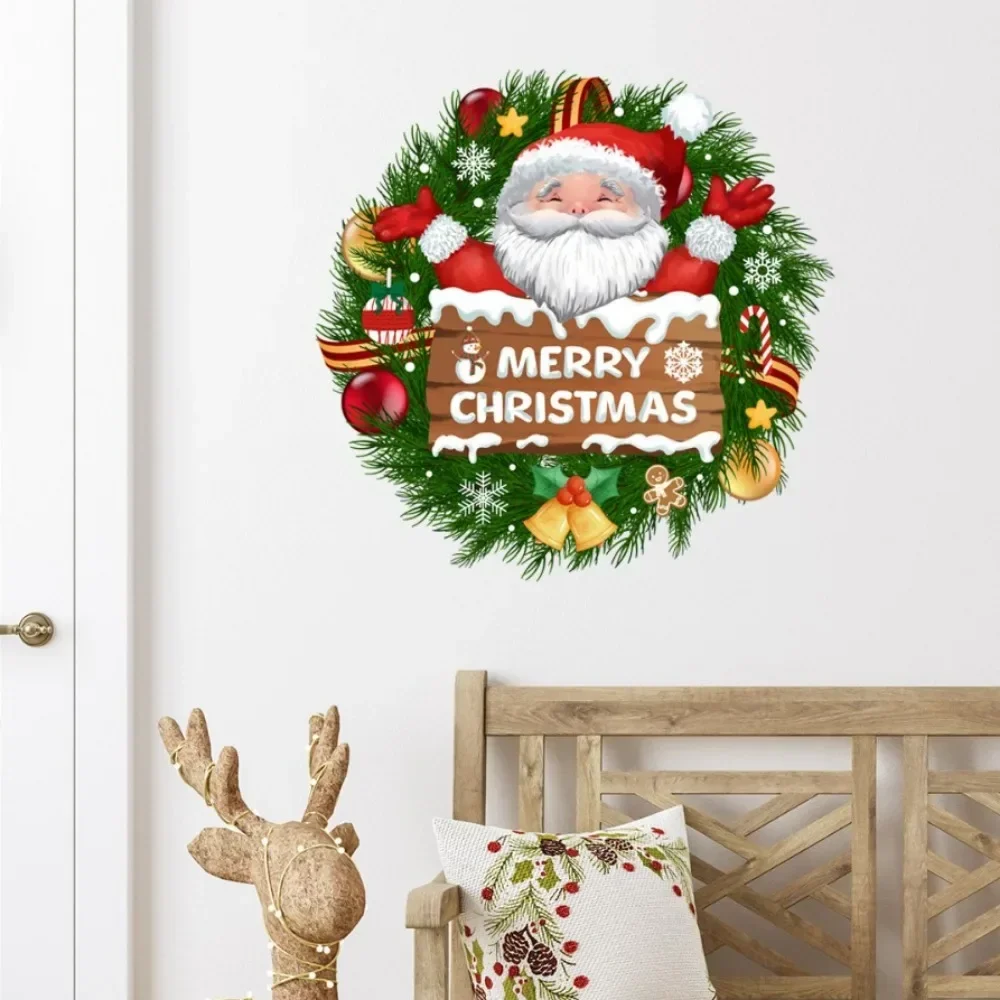 Santa Claus Wreath Bell Wall Stickers Living Room Door Home Decoration Mural Glass Windows New Year Decor Self-adhesive Decals