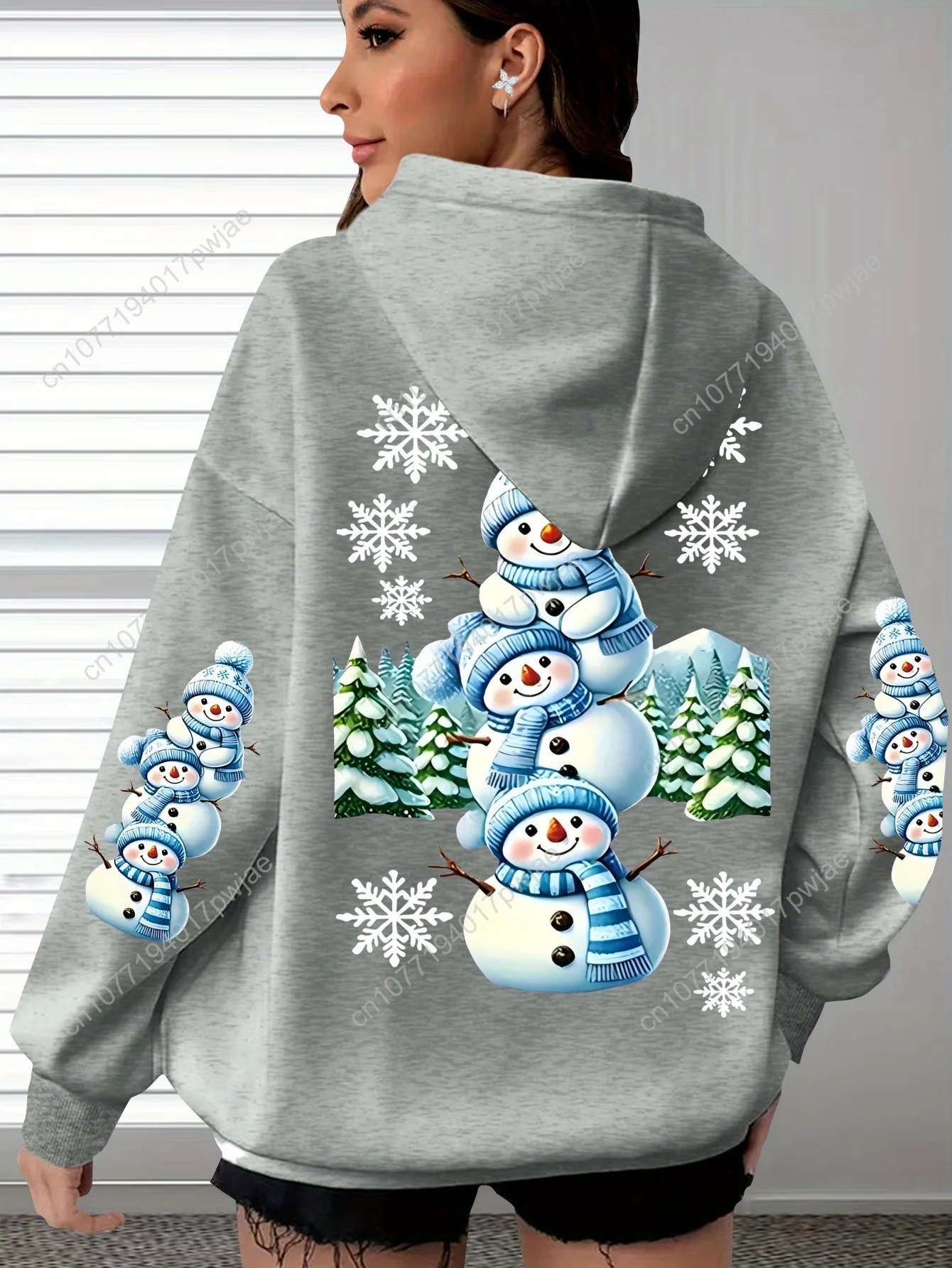 Felpa con cappuccio casual con stampa pupazzo di neve taglie forti - Felpa con tasca a marsupio a maniche lunghe, abbigliamento da donna