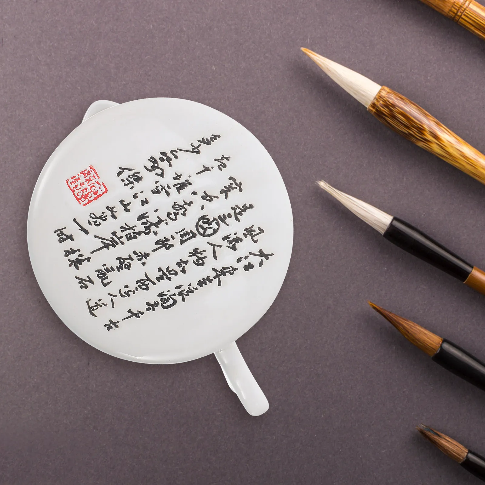 

Compact Inkstone with Lid Sturdy Elegant Fish Tail Handle Design Natural Color Portable Calligraphy Painting Tool Ink Grinding