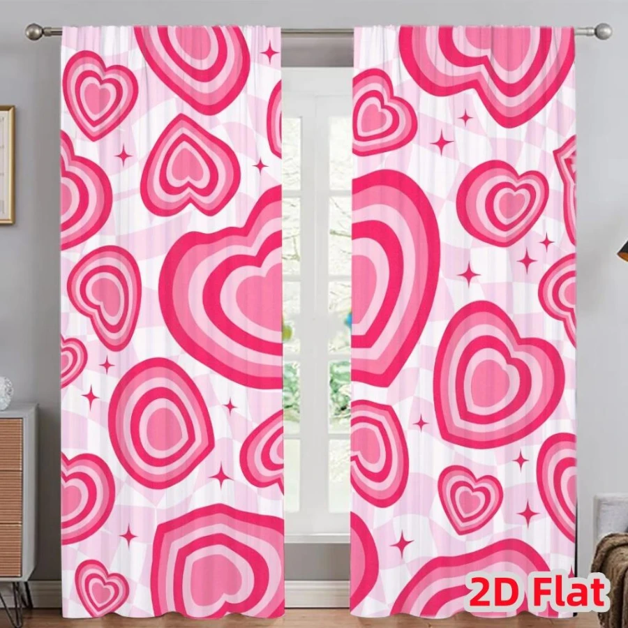 2PCS Digital Printed Curtains, Pink Heart Wreath Love Valentine Sweet, Modern Home Decor Style for Living Room Bedroom Decor