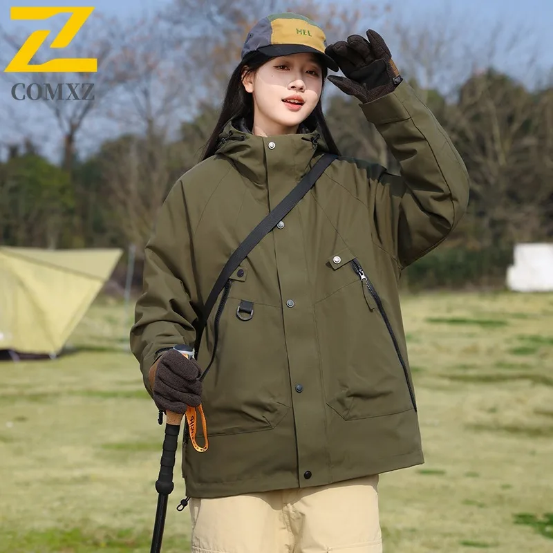 COMXZ Unisex Down Jacket New Trendy Hooded Camping Warm Down Coat Casual Hiking Travel Cold Protection Autumn Winter Windbreaker