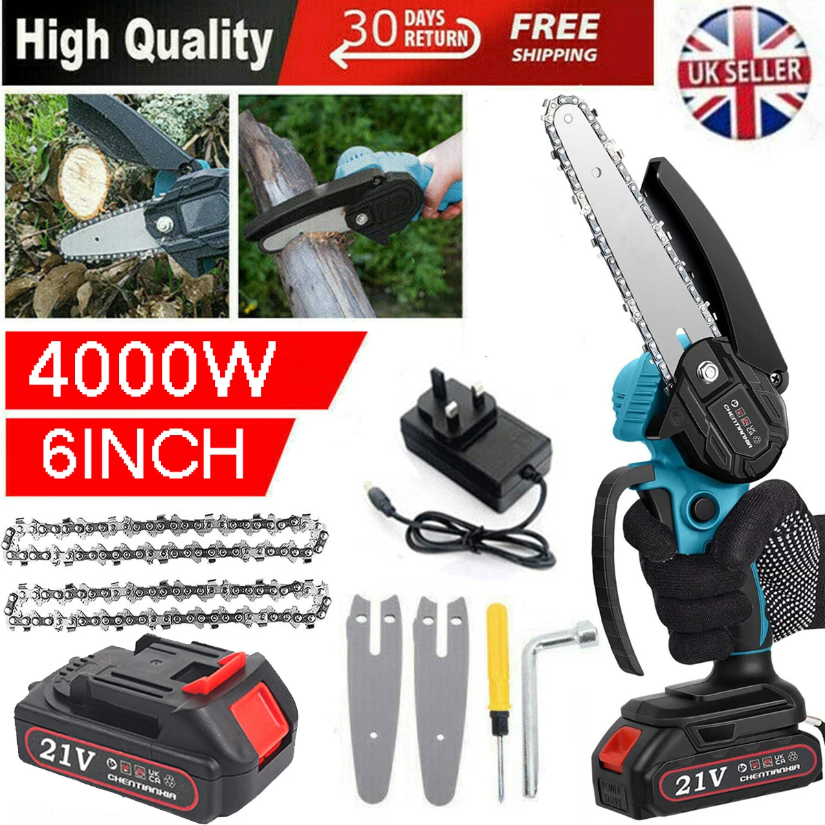 6 Inch 4000 Watt Portable Mini Cordless Chainsaw Electric Single Hand Saw Wood Cutter with 1 Battery Rechargeable Lightweight