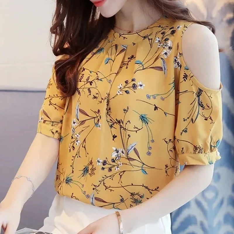 Women\'s Chiffon Print Floral Shirt, Elegant Summer Tops, Off The Shoulder Blouses, Short Sleeve Female Clothing, New, 825C 30