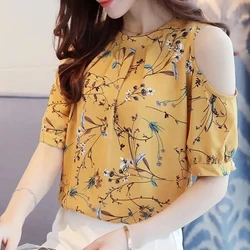 Women's Chiffon Print Floral Shirt, Elegant Summer Tops, Off The Shoulder Blouses, Short Sleeve Female Clothing, New, 825C 30