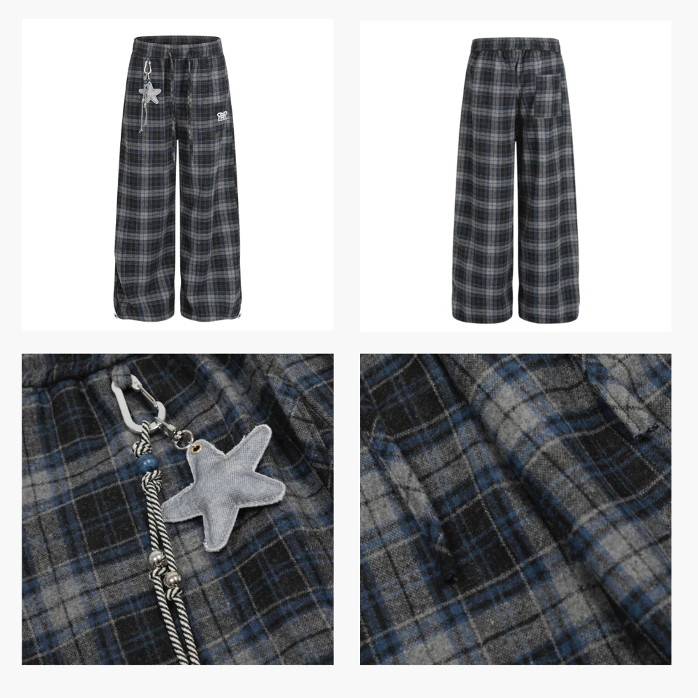 Pantalones informales a cuadros para chica, subcultura Retro japonesa, dulce y fresco, pantalones largos holgados de pierna ancha bordados de cintura alta para mujer, otoño