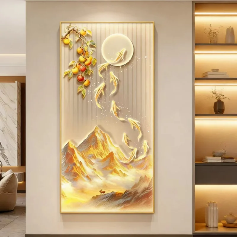 Nine Fishes Entrance Doorway Decorative Painting, Modern Luxury Wall Art, Gold Mountain Corridor Hallway Murals