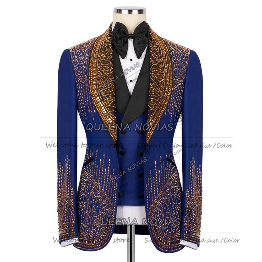 Metallic Jewelry Stones Ornament Groom Wedding Suits Slim Fit BLack Shawl Lapel Prom Blazer Outfits Plus Size Men Party Tuxedos