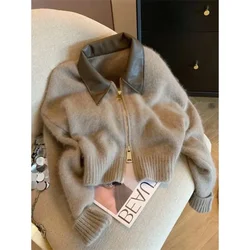 Spliced Leather Collar Knit Sweater Fashion Double Zipper Cardigan Women's Autumn/Winter New Soft Vintage Long Sleeve Streetwear