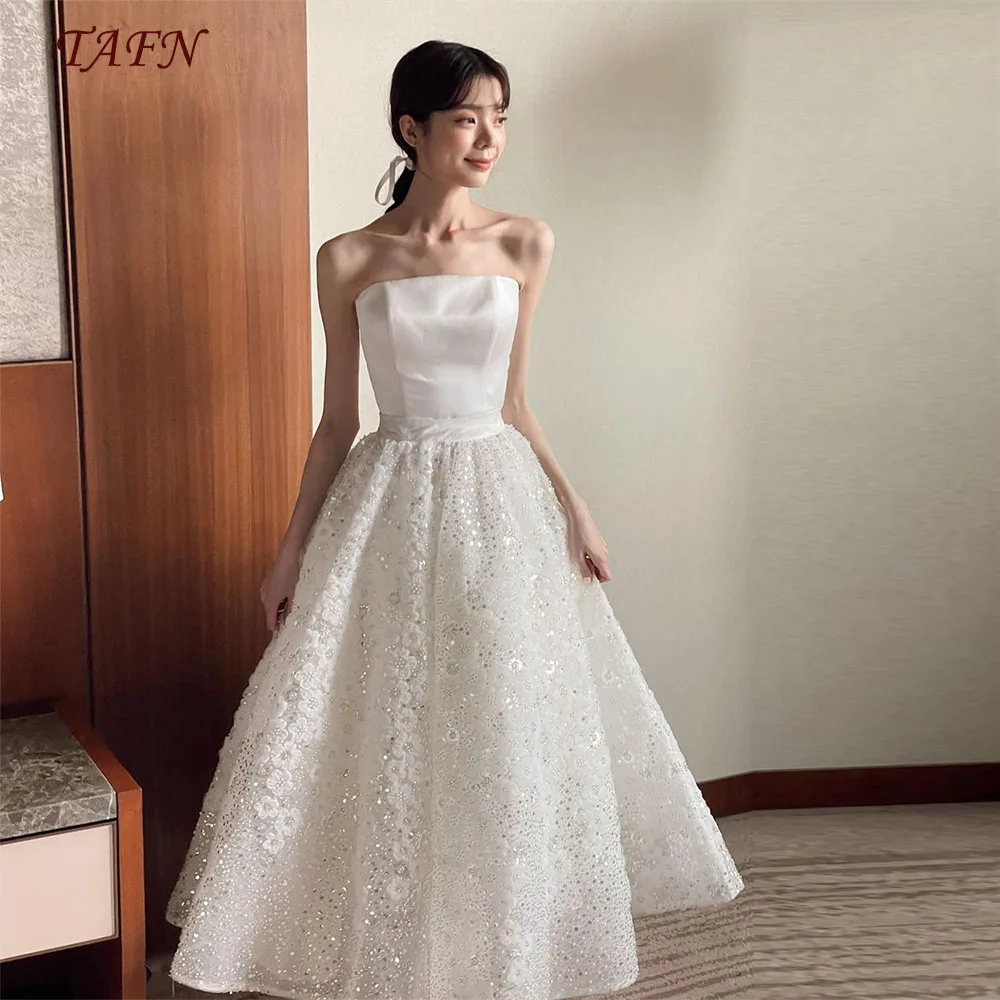 

TAFN A-line Luxury Reception Dresses Strapless Floor-Length Wedding Shooting Dresses Elegant Exquisite Lace Bridal Gown