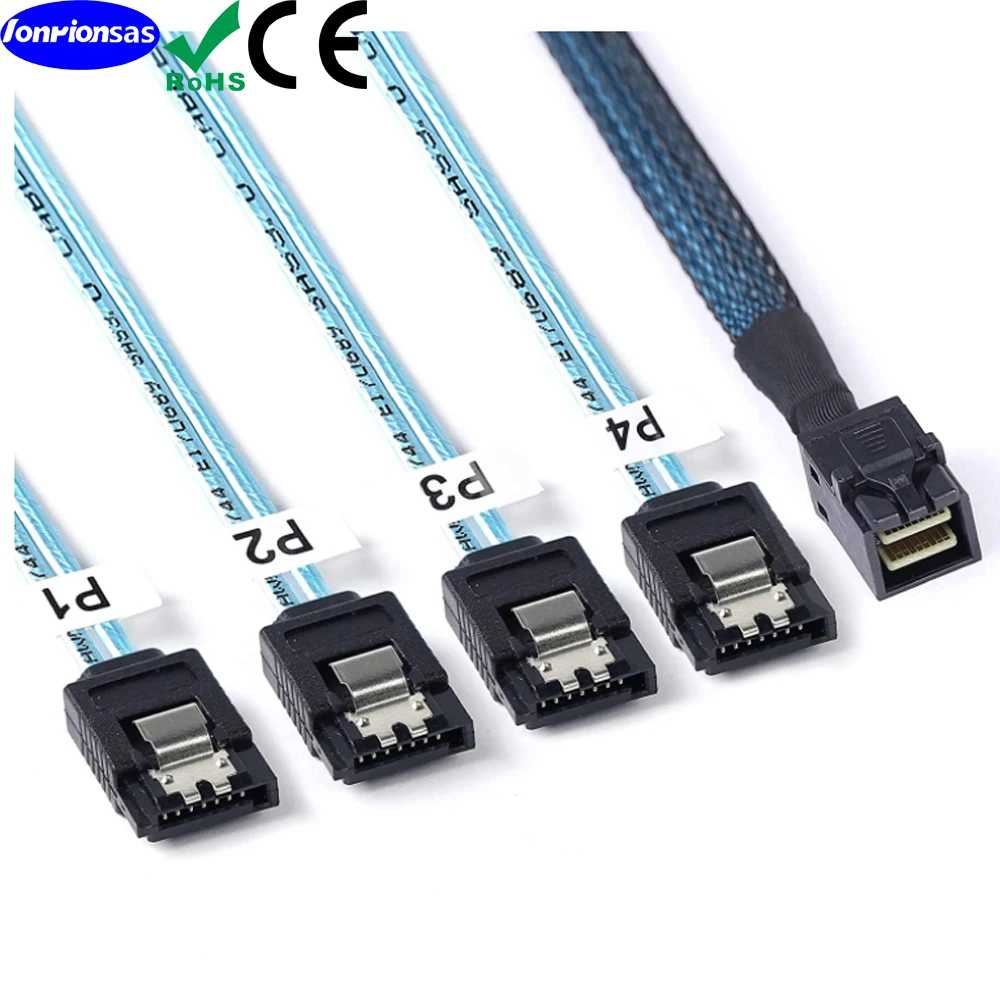 LONRIONSAS-Cable interno Mini SAS HD SFF 8643 a 4xsata de 7 pines, Cable Mini SAS con banda lateral, Compatible con 12gbps