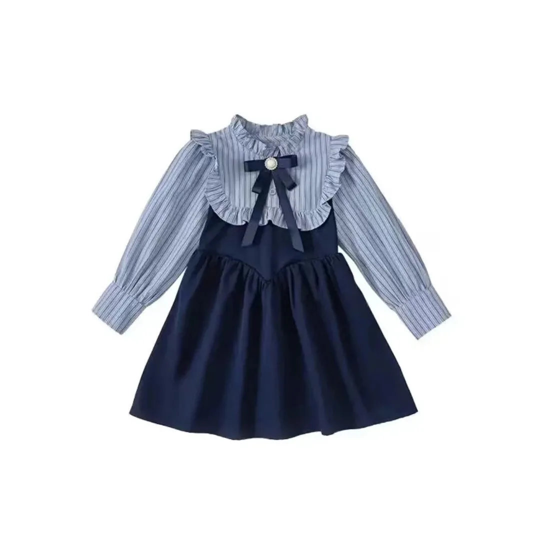 Autumn Girls' School Style Bow Dress Baby Leave Two-Piece Striped Color-Block Long-Sleeved Princess Dress