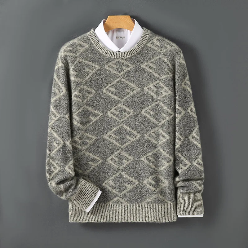 

100% Australian pure wool sweater men's crew neck thickened contrasting pullover loose casual knitted cashmere bottoming shirt