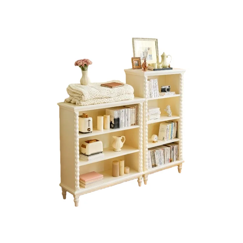 

White French cream style solid wood bookshelf floor-to-ceiling storage full walnut wood