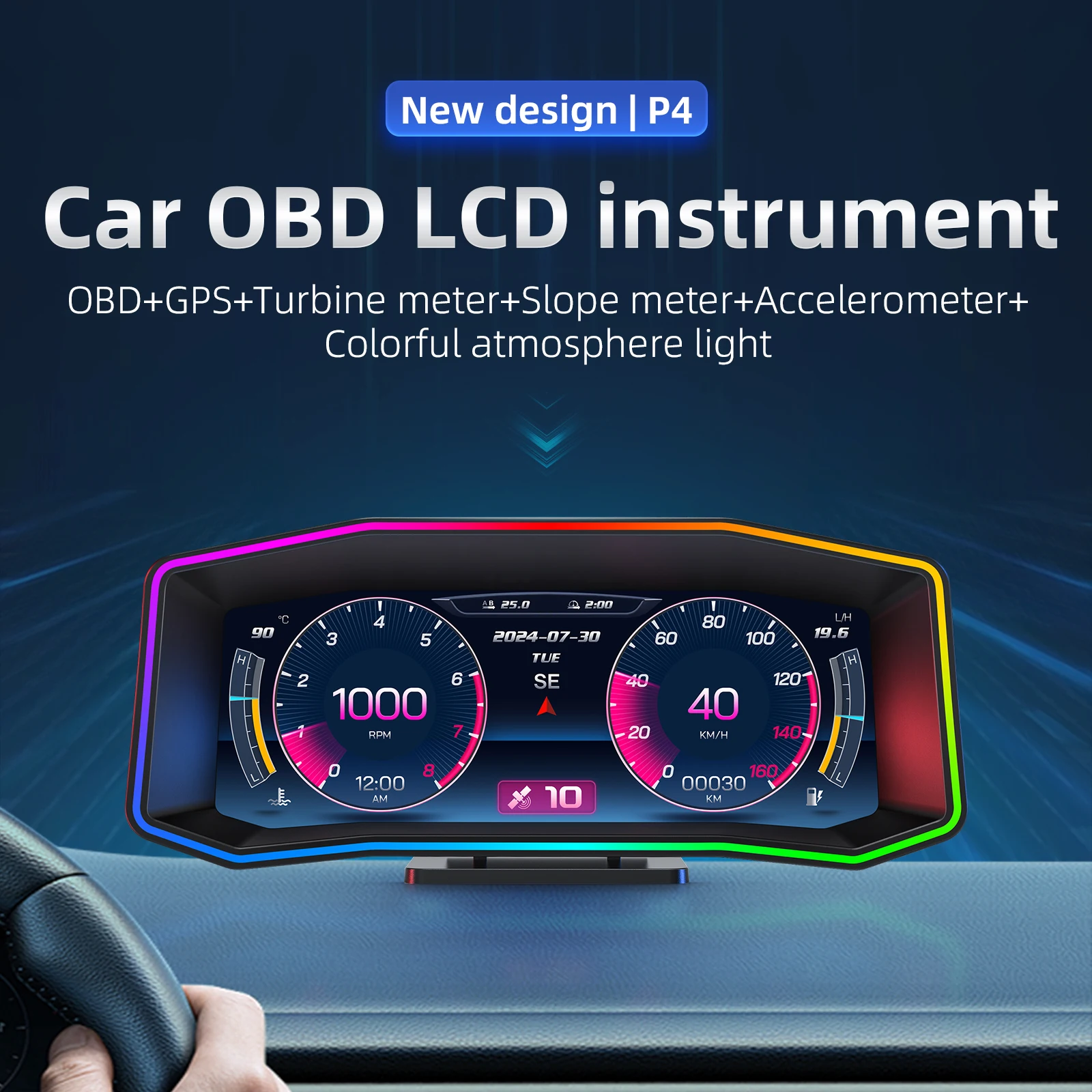 Multi-language 6.2 Inch LCD HUD OBD2+GPS+Turbine Meter+Slope Meter+Accelerometer+ Colorful Ambient Light Car Heads-Up Display