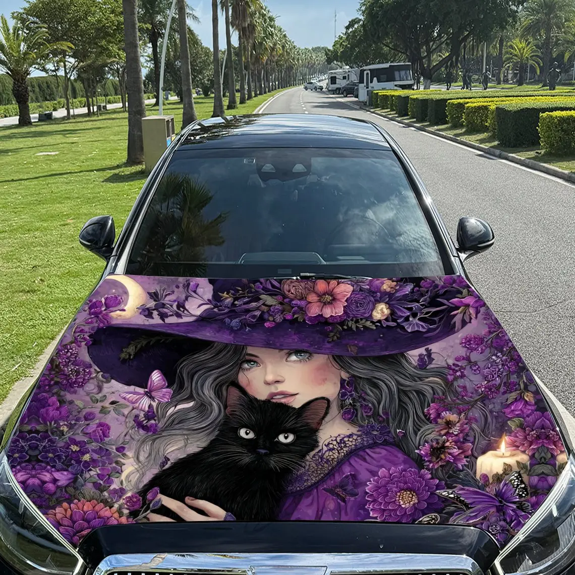 

Witch in Purple and Black Cat Car Vinyl Wrap, PVC Material Waterproof Car Hood Sticker, Self-Adhesive Scratch-Resistant Stickers