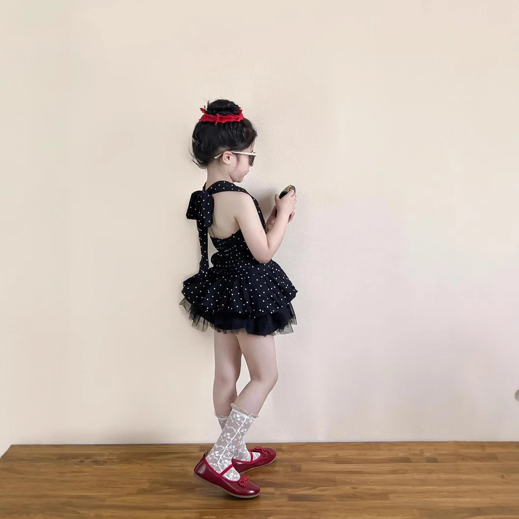 Hanging Neck Strapless Strap Polka Dot Suspender Top and Black Skirt Summer Baby Suit Girl 2 Piece Set