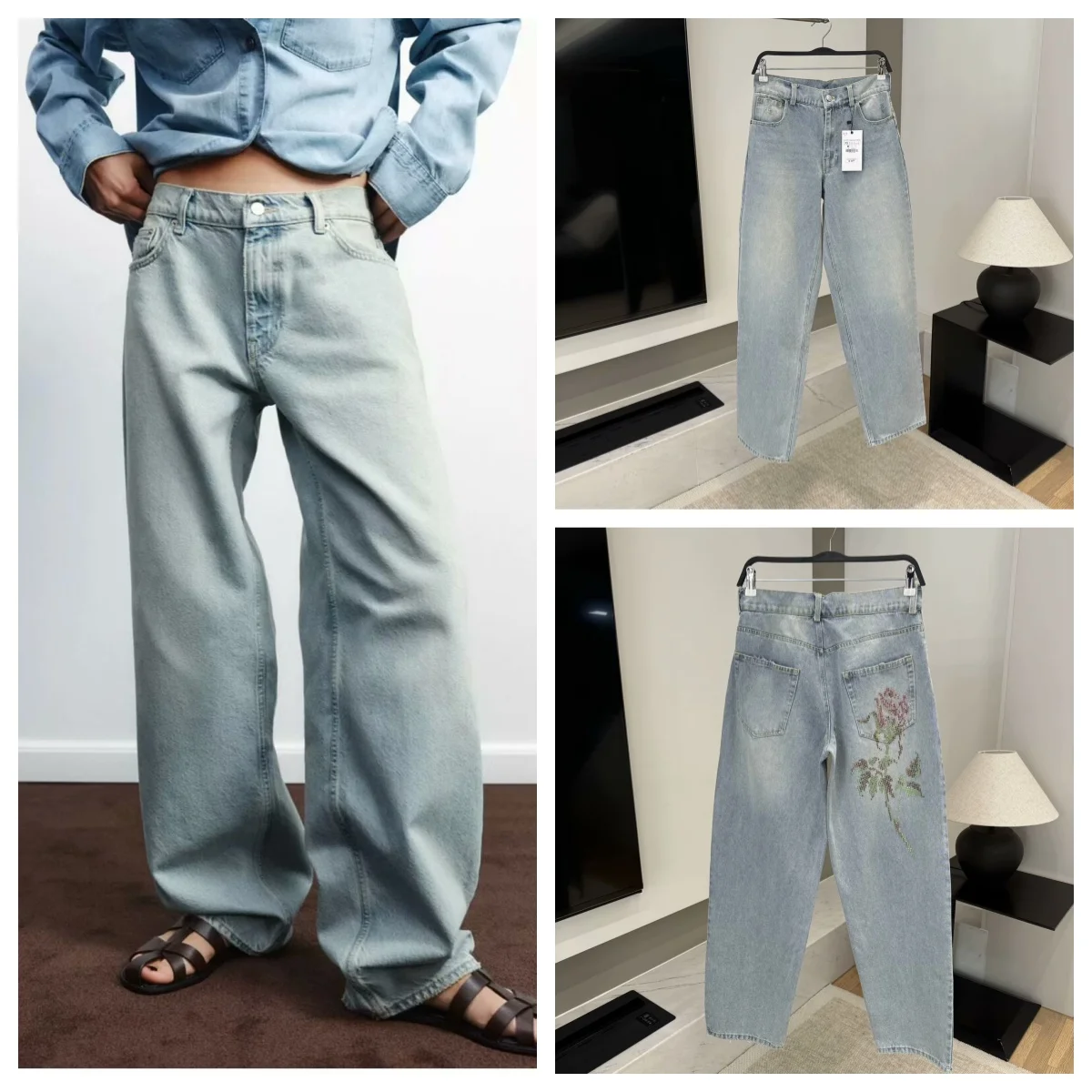 

European and American style new high-quality hot-drilled mid-waist straight jeans fashionable and versatile wide-leg pants