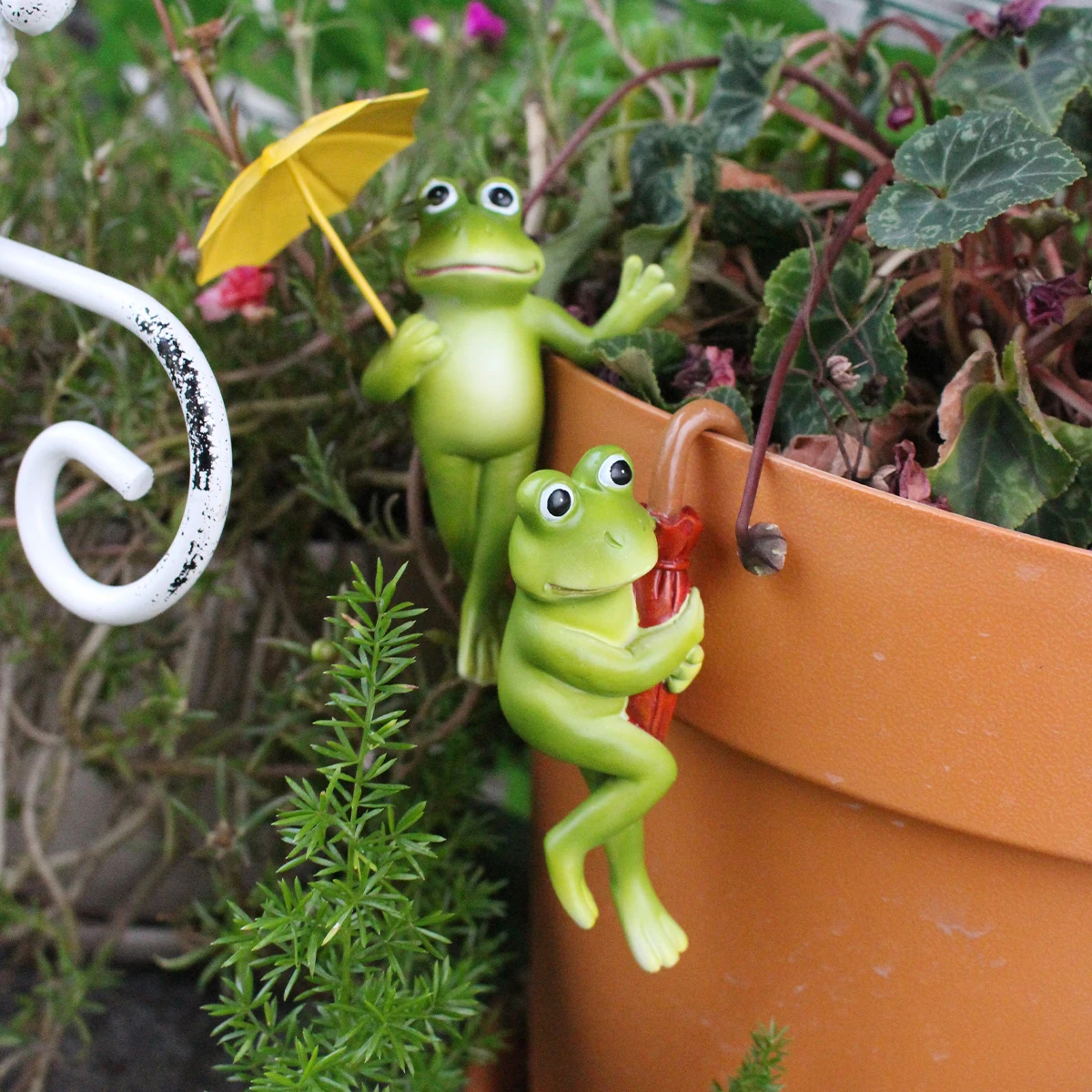 Cartoon Resin Umbrella Frog Succulent Flowerpot Hanging Set, Classic Green Hat Festival DIY Garden Courtyard Decoration