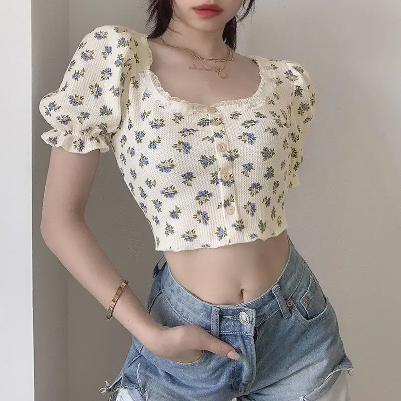 

Summer Retro Style Floral Short Style Square Neck Bubble Sleeves With Exposed Belly Button Top Trendy