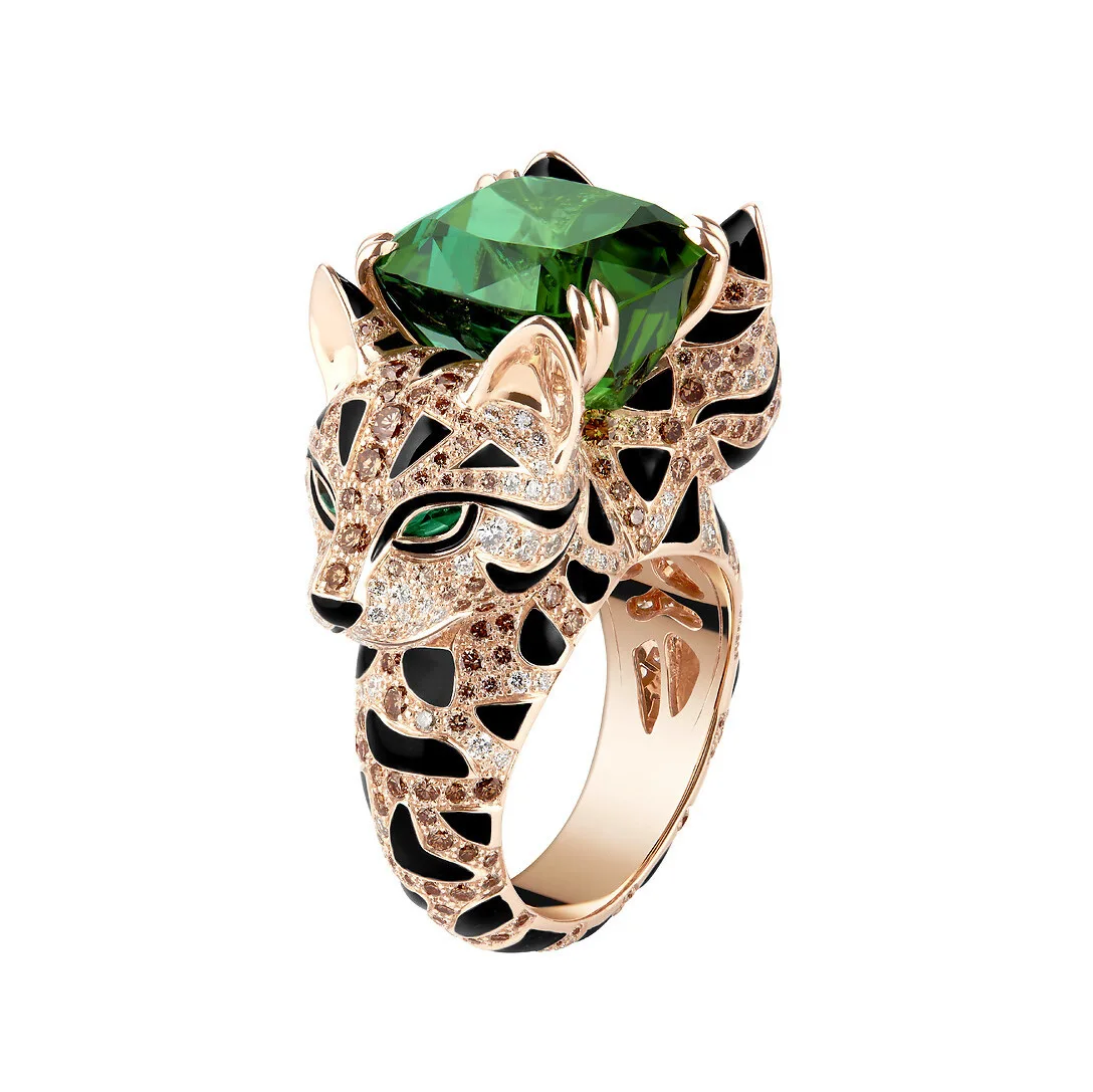 CMajor Sterling Silver 925 Jewelry Gold-plated High Carbon Diamond Tourmaline Double-headed Enamel Ocelot Cat Rings for Women