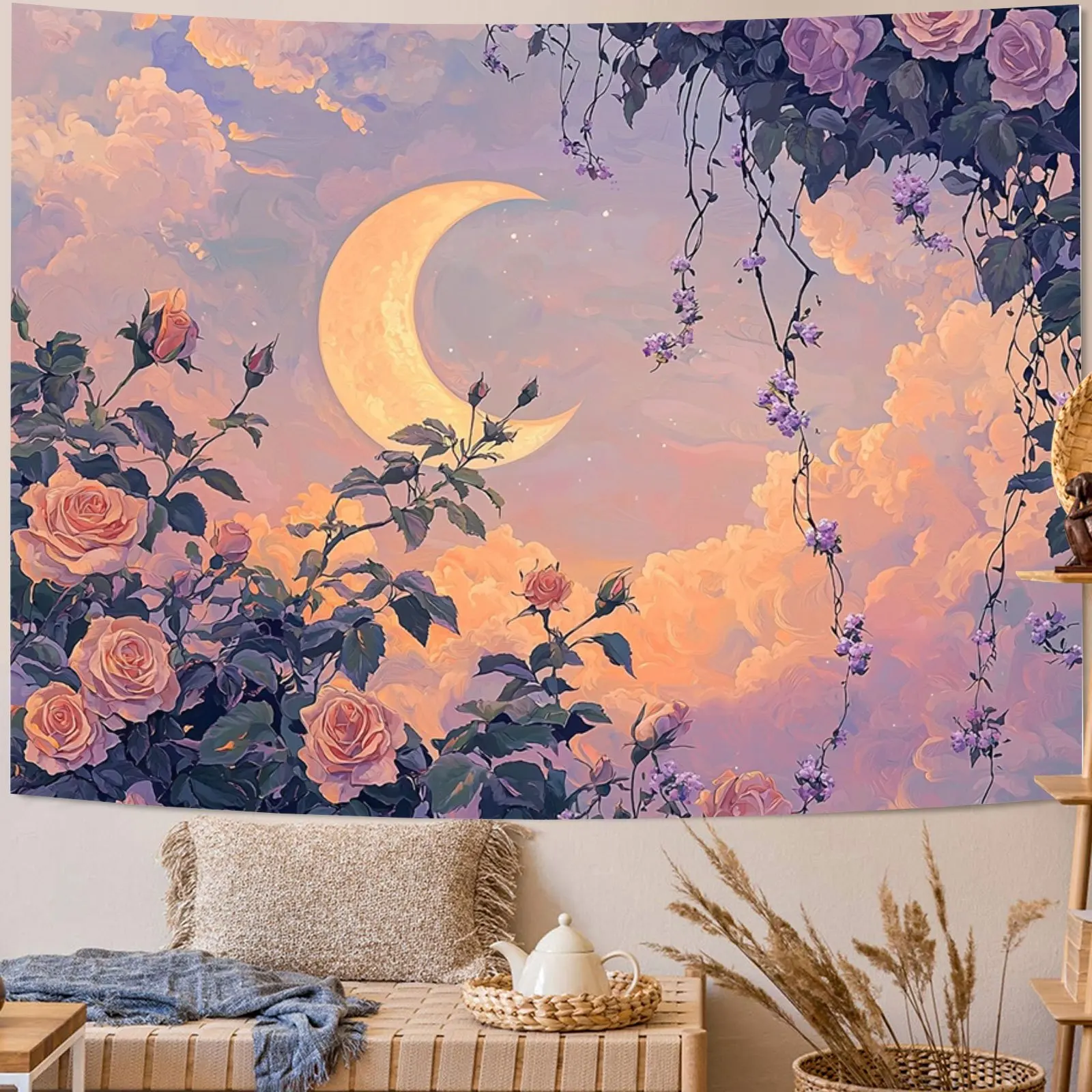 

A tapestry featuring pink and purple roses, moons, and vines, made of polyester, suitable for bedrooms and living rooms.