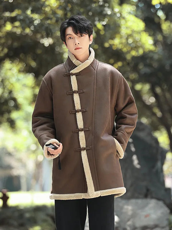 

Men's Winter Thickened Lamb Fur Jacket Middle-Length Coat Business Casual Style Long Sleeve Button Closure Warm Cotton Padded