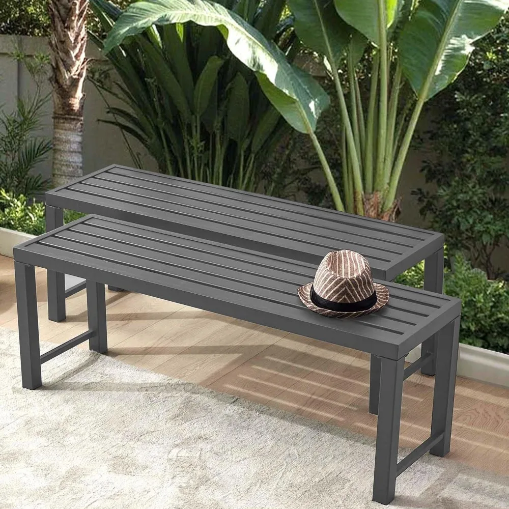 

Metal Garden Bench for Outdoors, Set of 2, Grey Outdoor Benches Slats for Patio, Patio Backless Bench,Dining Bench for Porch, La