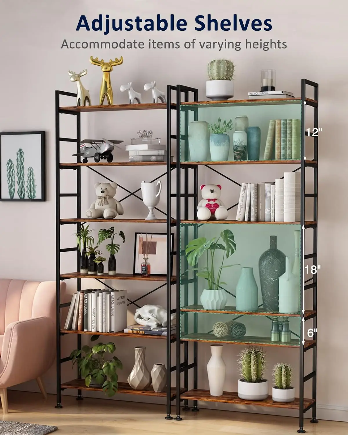 

6-Tier Adjustable Tall Bookcase, Rustic Wood and Metal Standing Bookshelf, Industrial Vintage Book Shelf Unit,