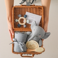 Newborn Milestone Card Crochet Rattle Elephant Teether Toys Silicone Rudder Teether Toys Cotton Towel Wool Brush Weave Gift Box
