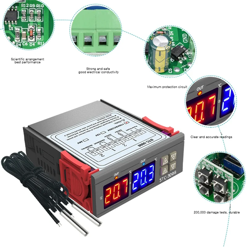 デジタルサーモスタット温度コントローラー、温度計、湿度計、12v、24v、220v、STC-3008