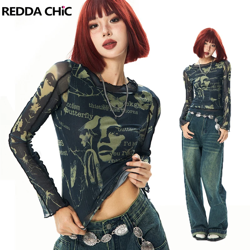 REDDACHiC Aesthetic Print Long Sleeves T-shirt Women Y2k Sexy Fitted Stretch Mesh Sunscreen Smocked Top 90s Retro Streetwear