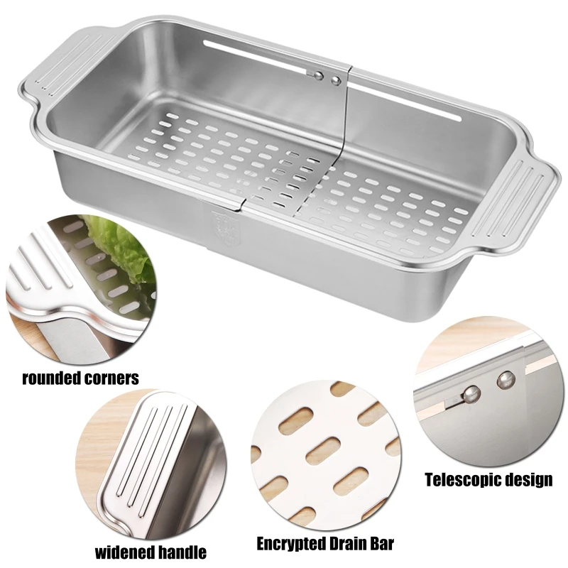 K1KA Expandable Dish Drying Rack Retractable Drain Basket Stainless Steel Sink Organizer for Vegetable, Fruit, Tableware