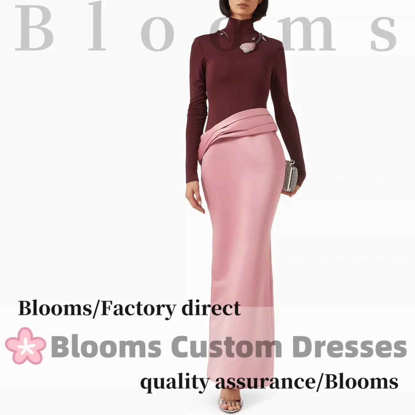 

Customized Contrast Color Long Sleeves Flower Beads Evening Dresses 2025 Back Slit Women Wedding Elegant Party Dress Prom Gown
