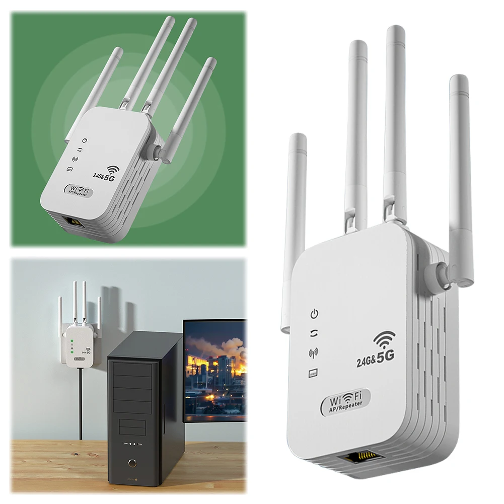 

Усилитель сигнала Wi-Fi 1200 Мбит/с с портом WAN/LAN, двухдиапазонный усилитель сигнала Wi-Fi 2,4 ГГц/5 ГГц, 4 антенны, сетевой расширитель для дома