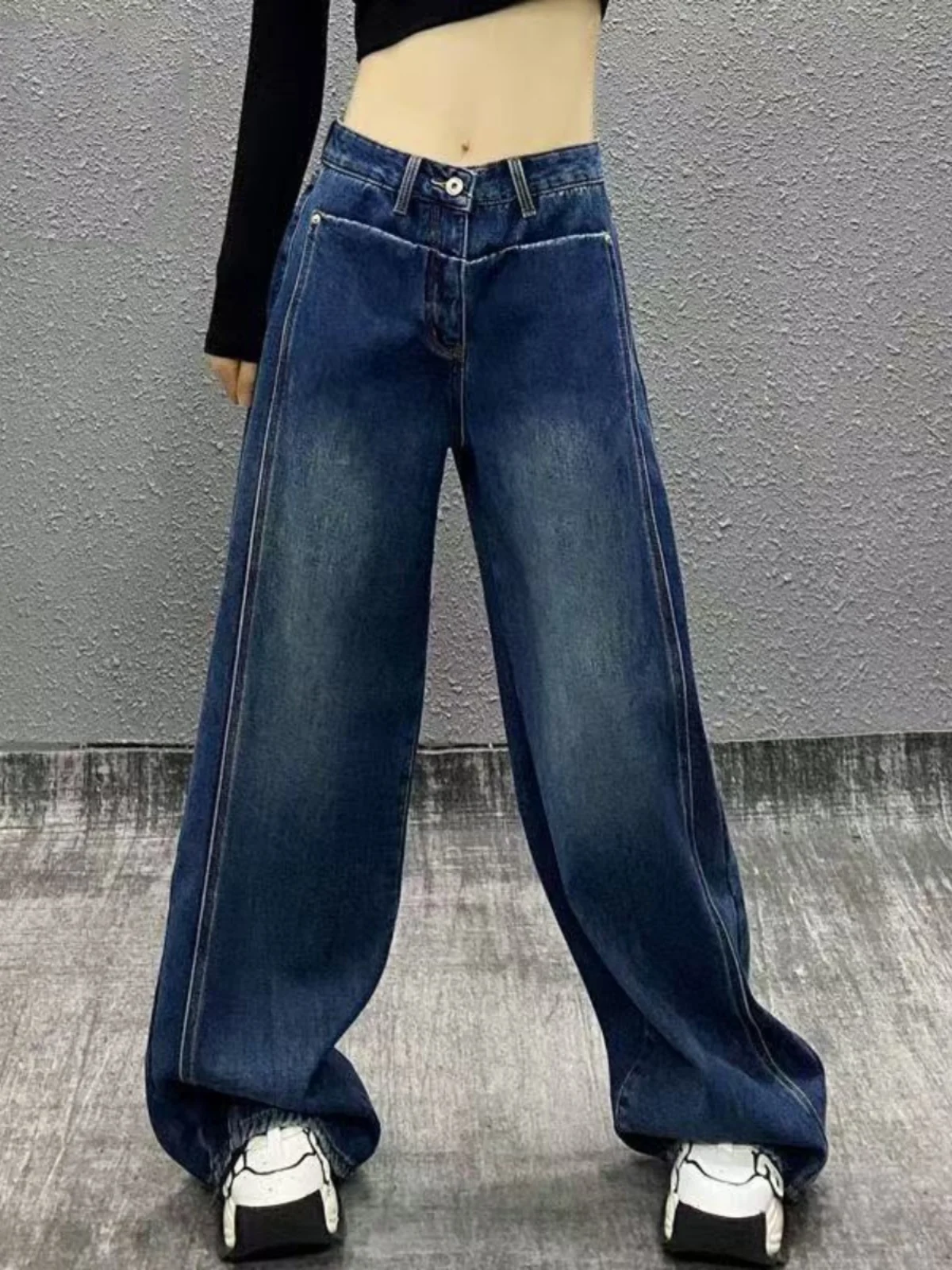 

Джинсы женские с высокой талией, широкие штанины, весенние, новые, свободного кроя, прямые, удлиненные, с дизайнерским элементом, повседневные, синие, деним