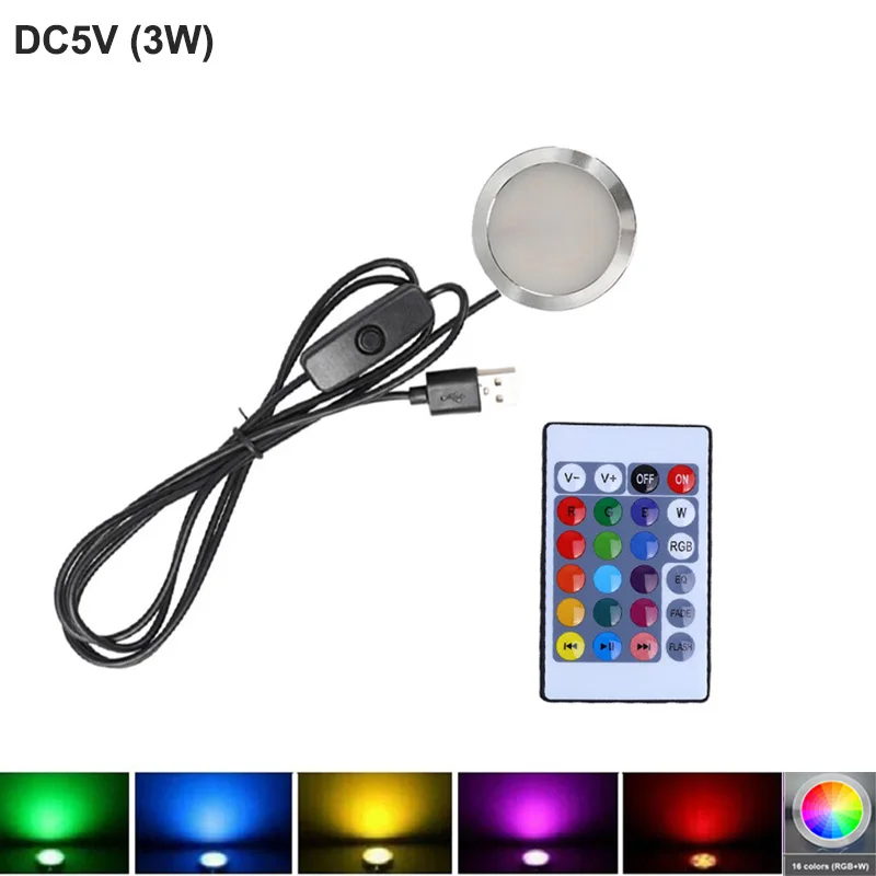 

16Colors Colorful Gradient Round Light with remote controller 3W DC5V USB LED Cabinet light spotlight DIY Night Ambient Light