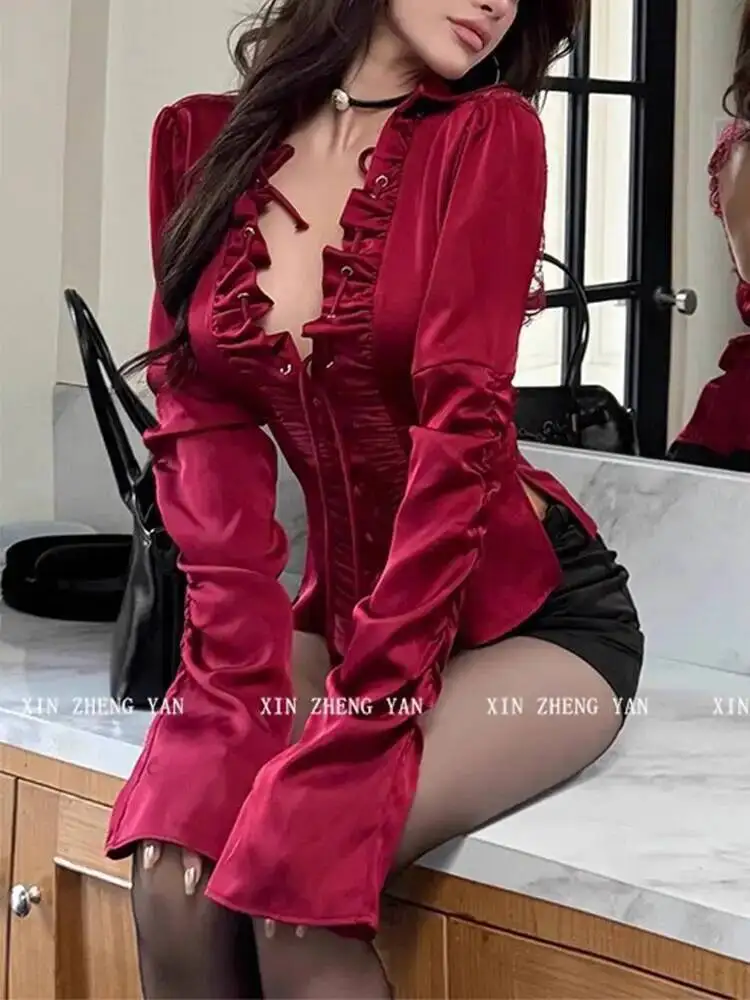 Luxury Ruffle Flared Sleeves Blouse Women 2025 Autumn Shirts Women Retro Blouse Stand Collar French Design Chic Loose Top Mujer