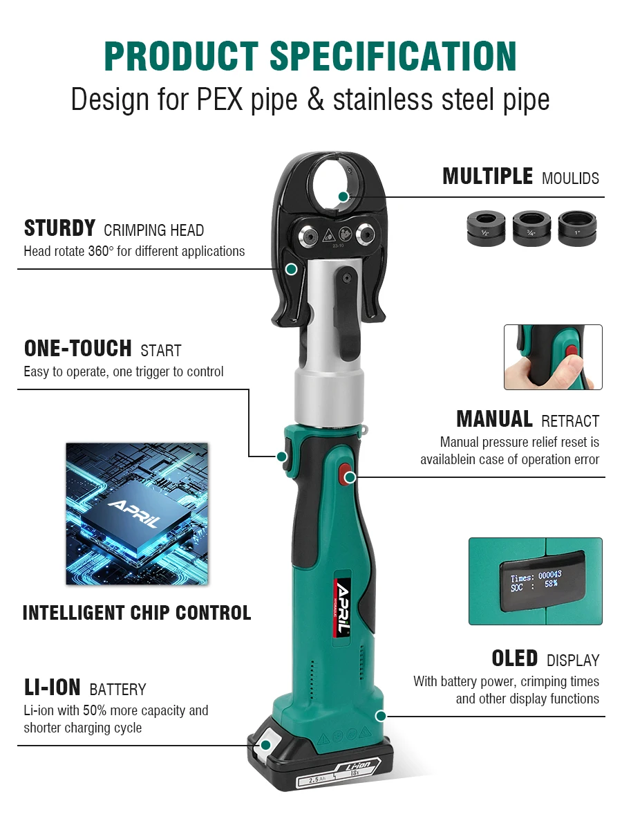 CH-1332 High Power Hydraulic Mini Battery Powered Pipe Crimping Tool Li-ion Rechargeable Tool Stainless Steel Pipe Crimper