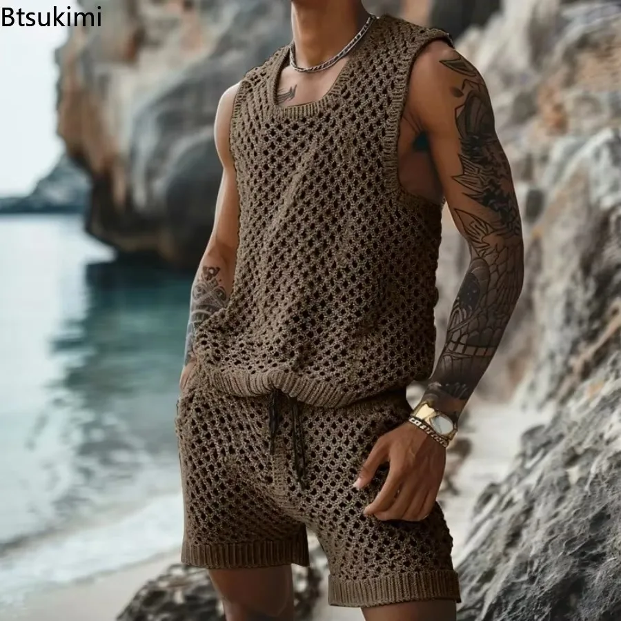 

2026 Summer New Men's Hollow Out Casual Sets Fashion Solid Knitted Tank Tops Shorts Beach Outfit Men Streetwear Loose Tracksuits