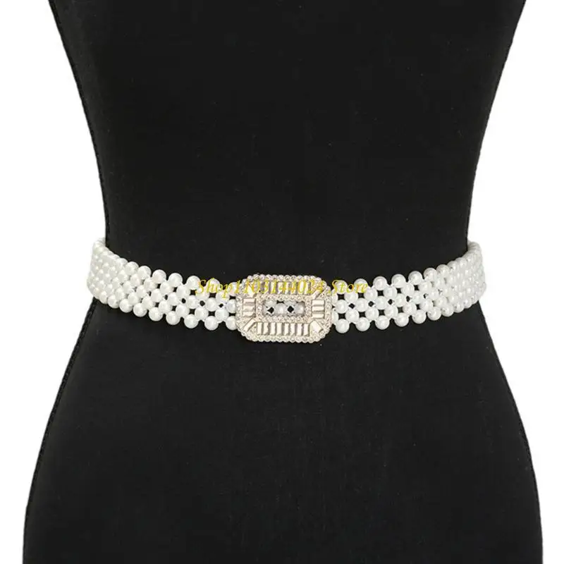 N5KE Sparkling Rhinestones Pearls Waist Chain Women Adjustable Elastic Waist Corset