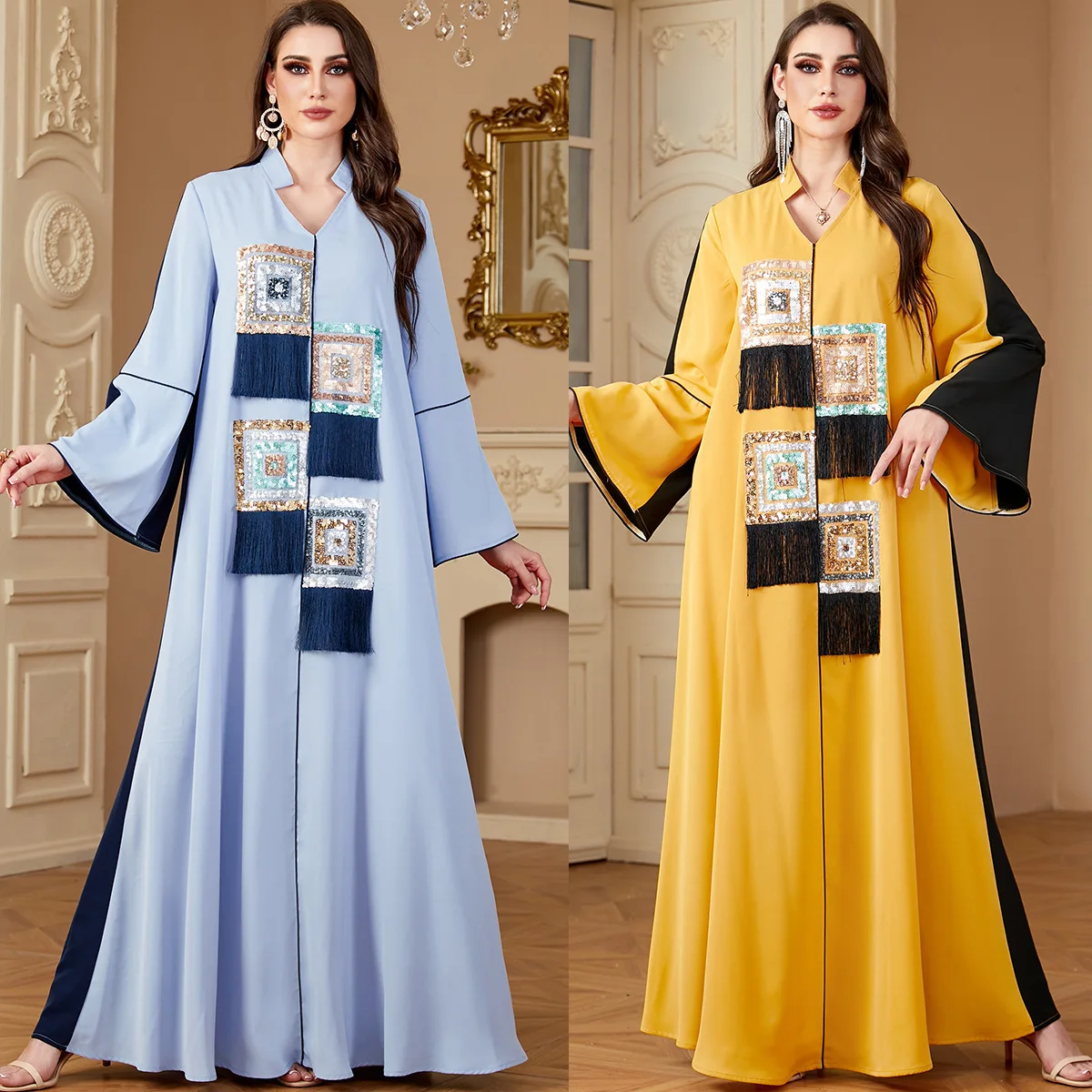 4132 Women's Robe New Fashionable Contrast Splicing Muslim Long Skirt Dress