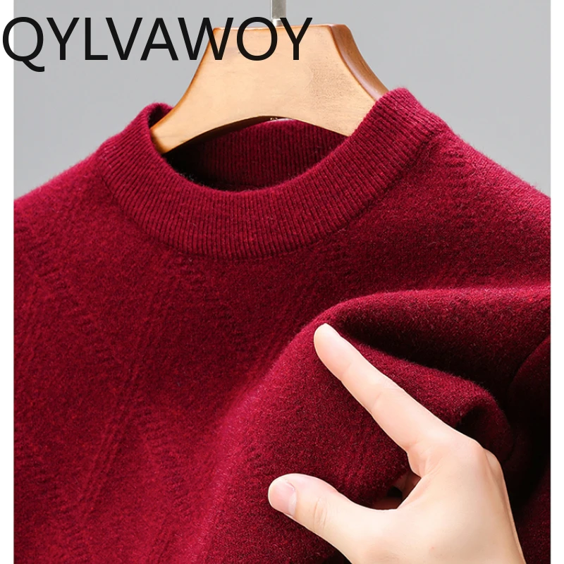 QYLVAWOY Sweaters Men Clothes Fashion Red Tops Half-high Collar Warm Pullover Mens Sweater Winter Clothes Knitted Sweater 2024