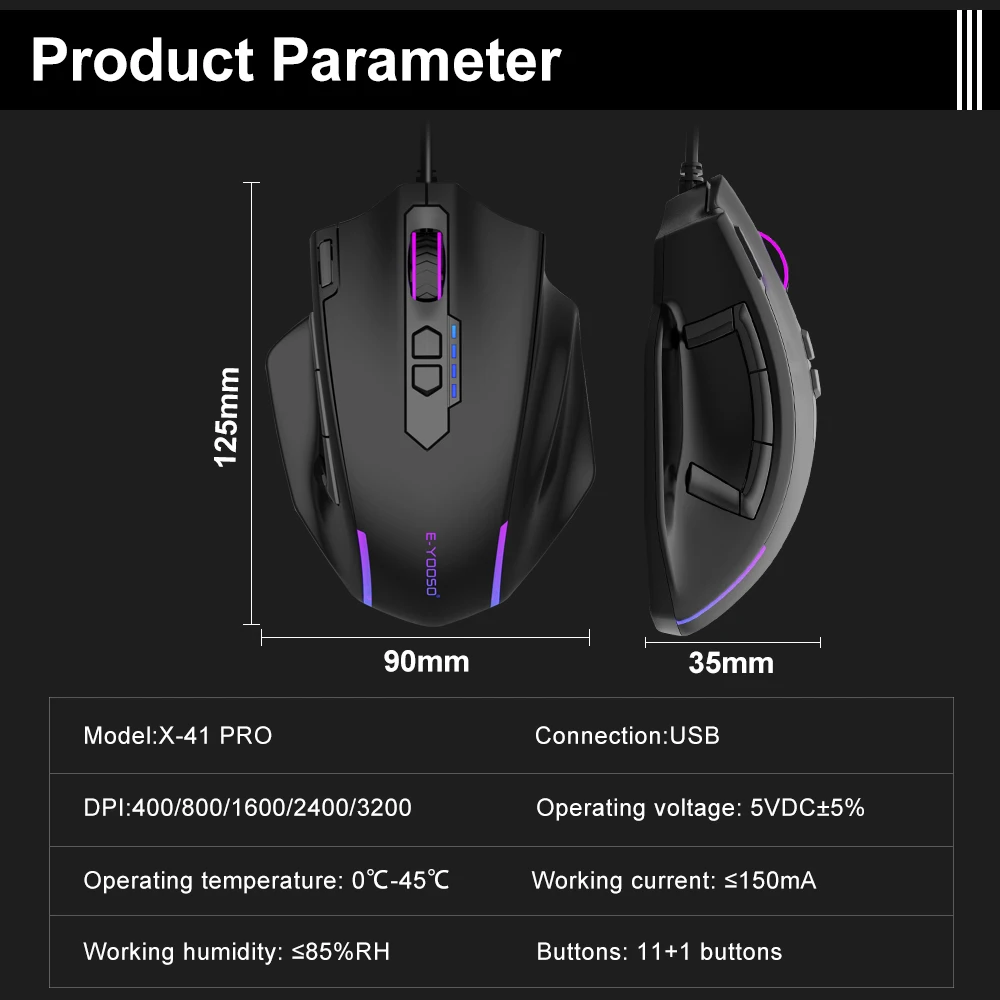 E-YOOSO X-41 USB Wired RGB Gaming Mouse 24000 DPI SG8960 10 buttons programmable game Optical mice for Computer PC Laptop