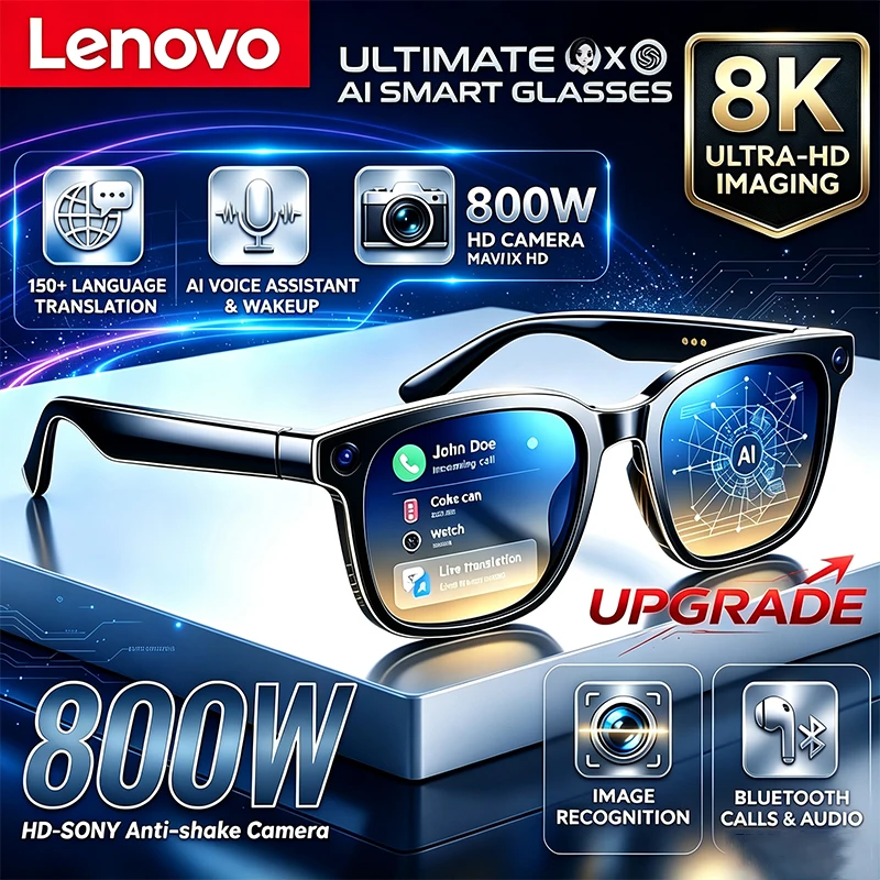 Lenovo Upgrade Smart AI Glasses 800W HD 8K Shooting Camera Photo Video Voice Call Translation Bluetooth AI Motorcycle Glasses