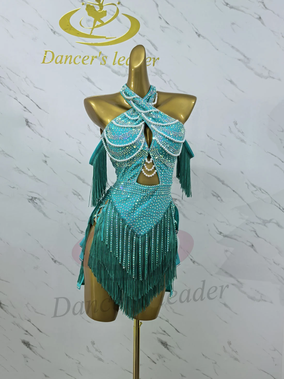 الرقص اللاتيني AB Stone أنثى الكبار الأطفال الراقية مخصصة الأخضر شرابة اللؤلؤ سلسلة سوداء بركة السامبا الأداء اللباس