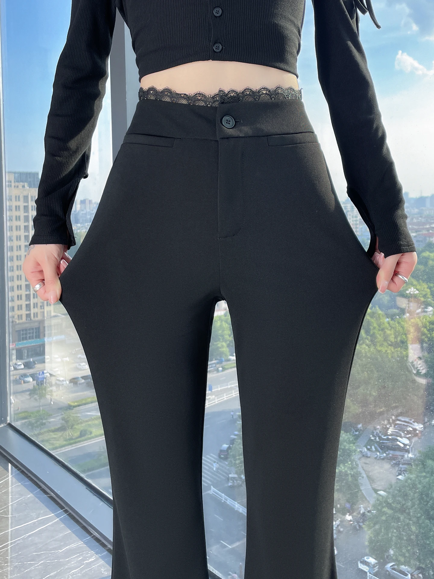 

Black Lace Splicing Wide Leg Pants Women's Suit Spring 2026 New Style Drape Slimming Elastic Bell Bottoms Casual Trousers