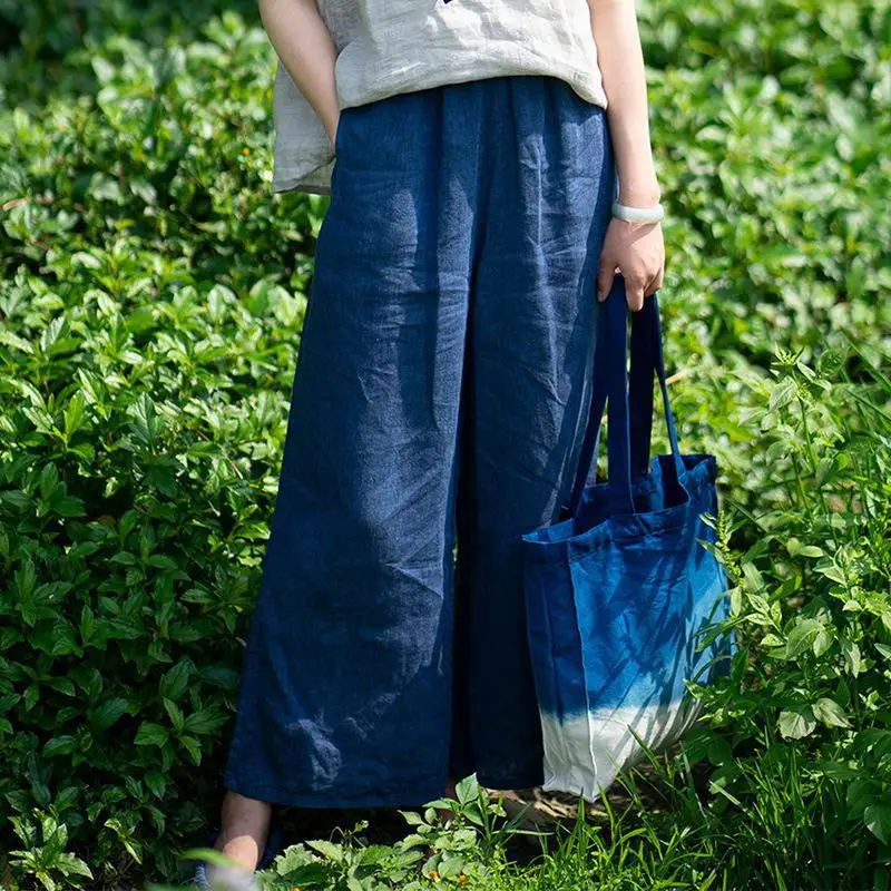 

New Arrival Spring Summer Arts Style Women Elastic Waist Loose Length Pants All-matched Casual Vintage Linen Wide Leg Pants A17
