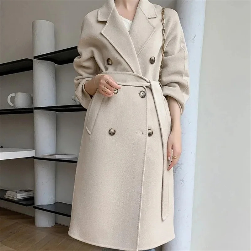 

2025 Autumn 100% Wool Coats With Belt Fashion Open Stitch Elegant Woolen Cashmere Coat Veste Femme Tops